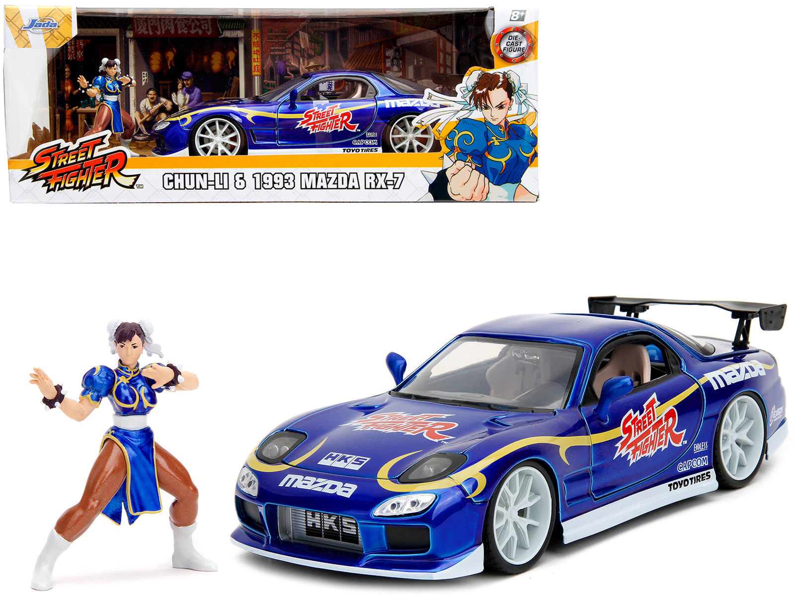 1993 Mazda RX-7 Candy Blue Metallic with Graphics and Chun-Li Diecast Figure &quot;Street Fighter&quot; Video Game &quot;Anime Hollywood Rides&quot; Series 1/24 Diecast Model Car by Jada