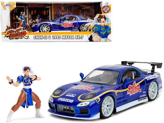 1993 Mazda RX-7 Candy Blue Metallic with Graphics and Chun-Li Diecast Figure &quot;Street Fighter&quot; Video Game &quot;Anime Hollywood Rides&quot; Series 1/24 Diecast Model Car by Jada
