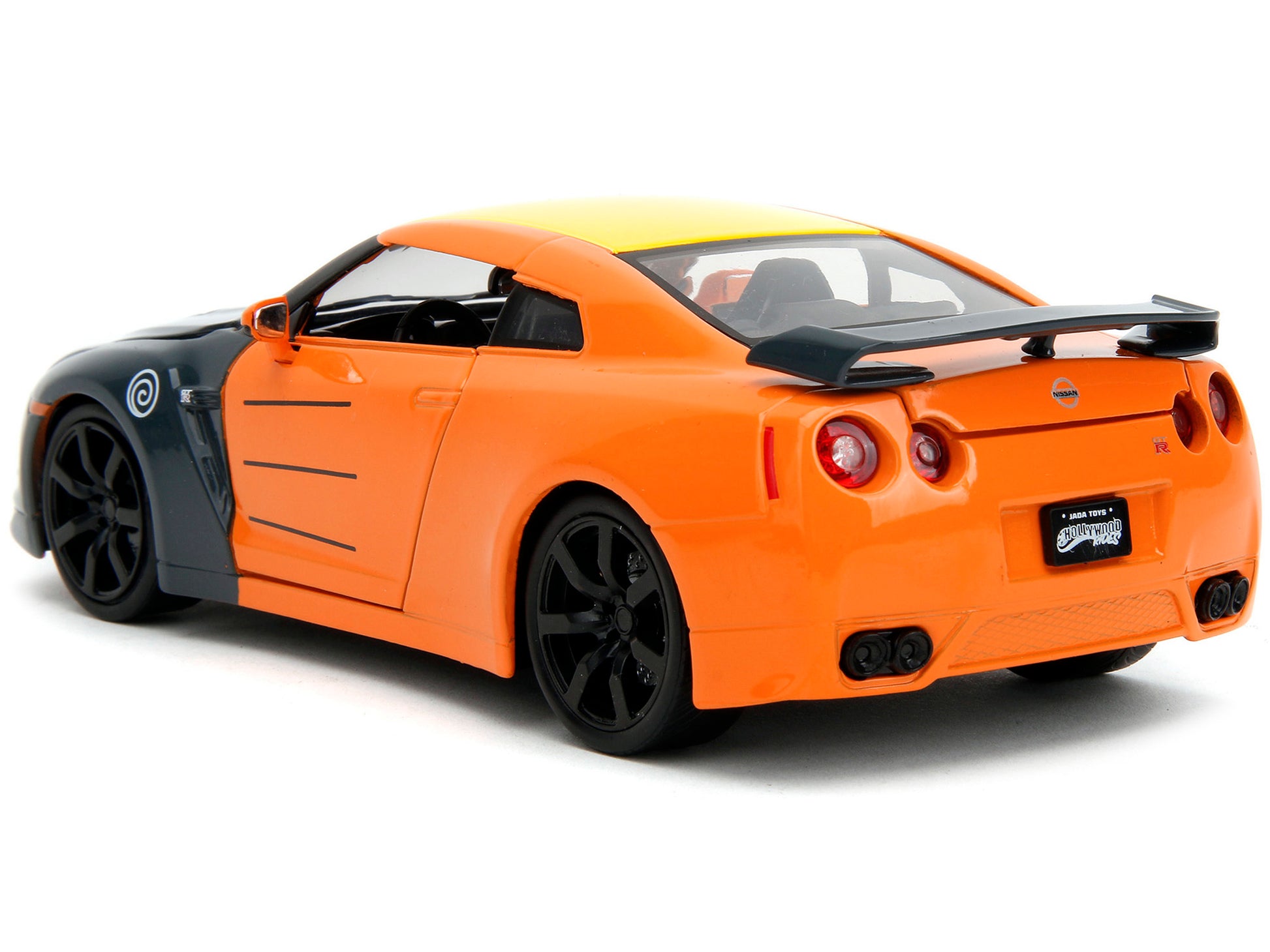 2009 Nissan GT-R (R35) Orange and Dark Gray with Yellow Top and Graphics and Naruto Diecast Figure &quot;Naruto Shippuden&quot; (2009-2017) TV Series &quot;Anime Hollywood Rides&quot; Series 1/24 Diecast Model Car by Jada