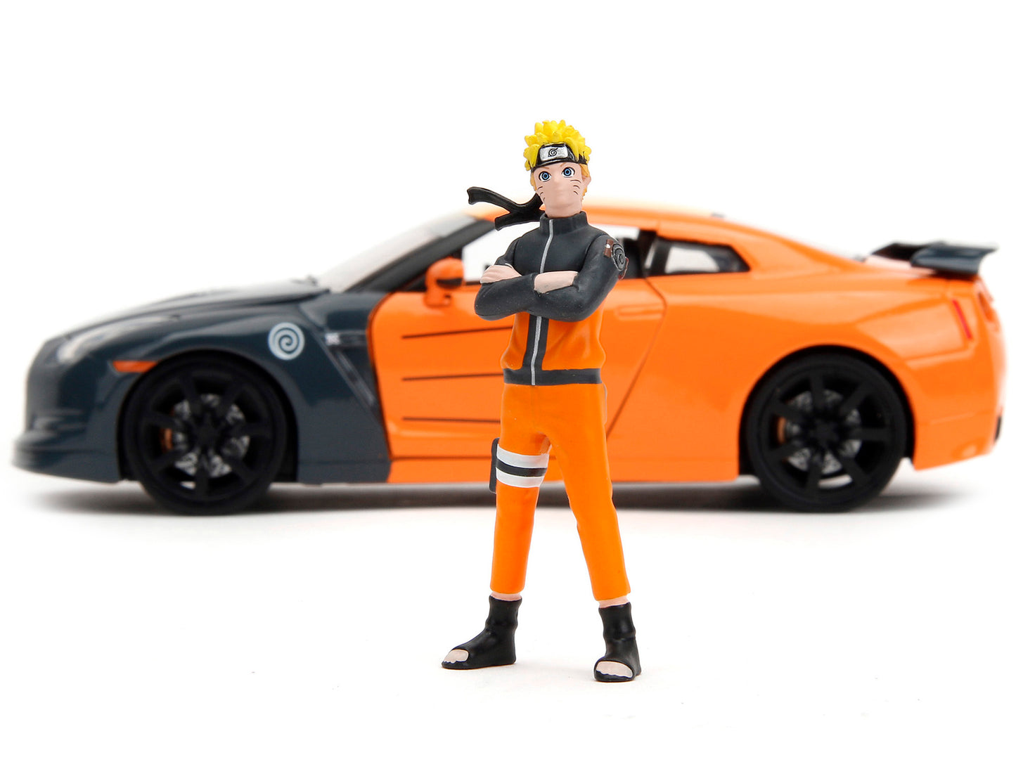 2009 Nissan GT-R (R35) Orange and Dark Gray with Yellow Top and Graphics and Naruto Diecast Figure &quot;Naruto Shippuden&quot; (2009-2017) TV Series &quot;Anime Hollywood Rides&quot; Series 1/24 Diecast Model Car by Jada