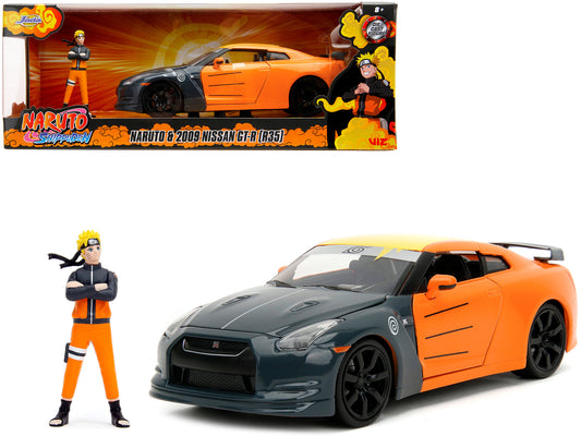 2009 Nissan GT-R (R35) Orange and Dark Gray with Yellow Top and Graphics and Naruto Diecast Figure &quot;Naruto Shippuden&quot; (2009-2017) TV Series &quot;Anime Hollywood Rides&quot; Series 1/24 Diecast Model Car by Jada