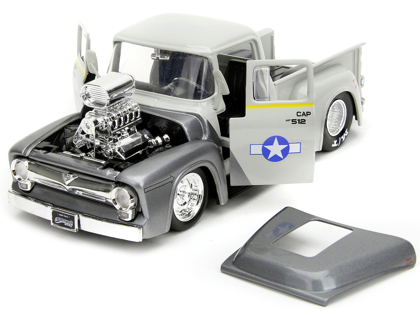 1956 Ford F-100 Pickup Truck Tan and Gray Metallic and Guile Diecast Figure &quot;Street Fighter&quot; Video Game &quot;Anime Hollywood Rides&quot; Series 1/24 Diecast Model Car by Jada