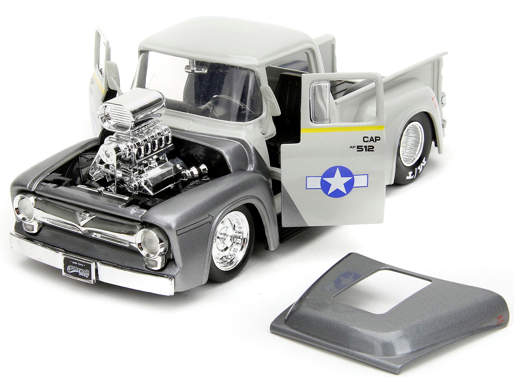 1956 Ford F-100 Pickup Truck Tan and Gray Metallic and Guile Diecast Figure &quot;Street Fighter&quot; Video Game &quot;Anime Hollywood Rides&quot; Series 1/24 Diecast Model Car by Jada