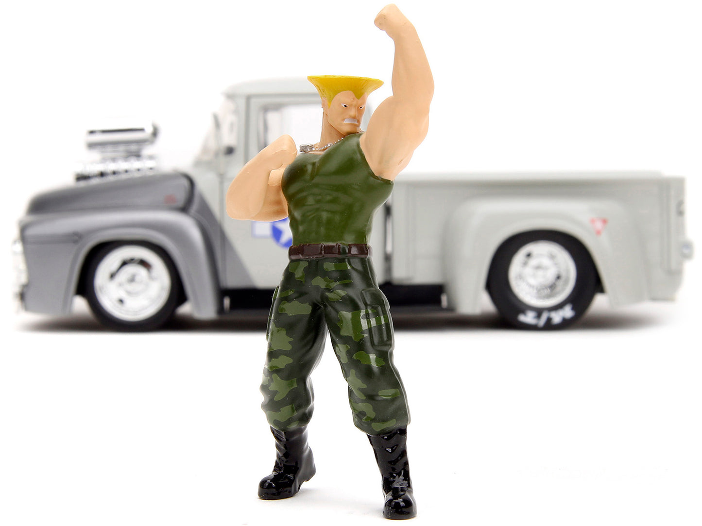 1956 Ford F-100 Pickup Truck Tan and Gray Metallic and Guile Diecast Figure &quot;Street Fighter&quot; Video Game &quot;Anime Hollywood Rides&quot; Series 1/24 Diecast Model Car by Jada
