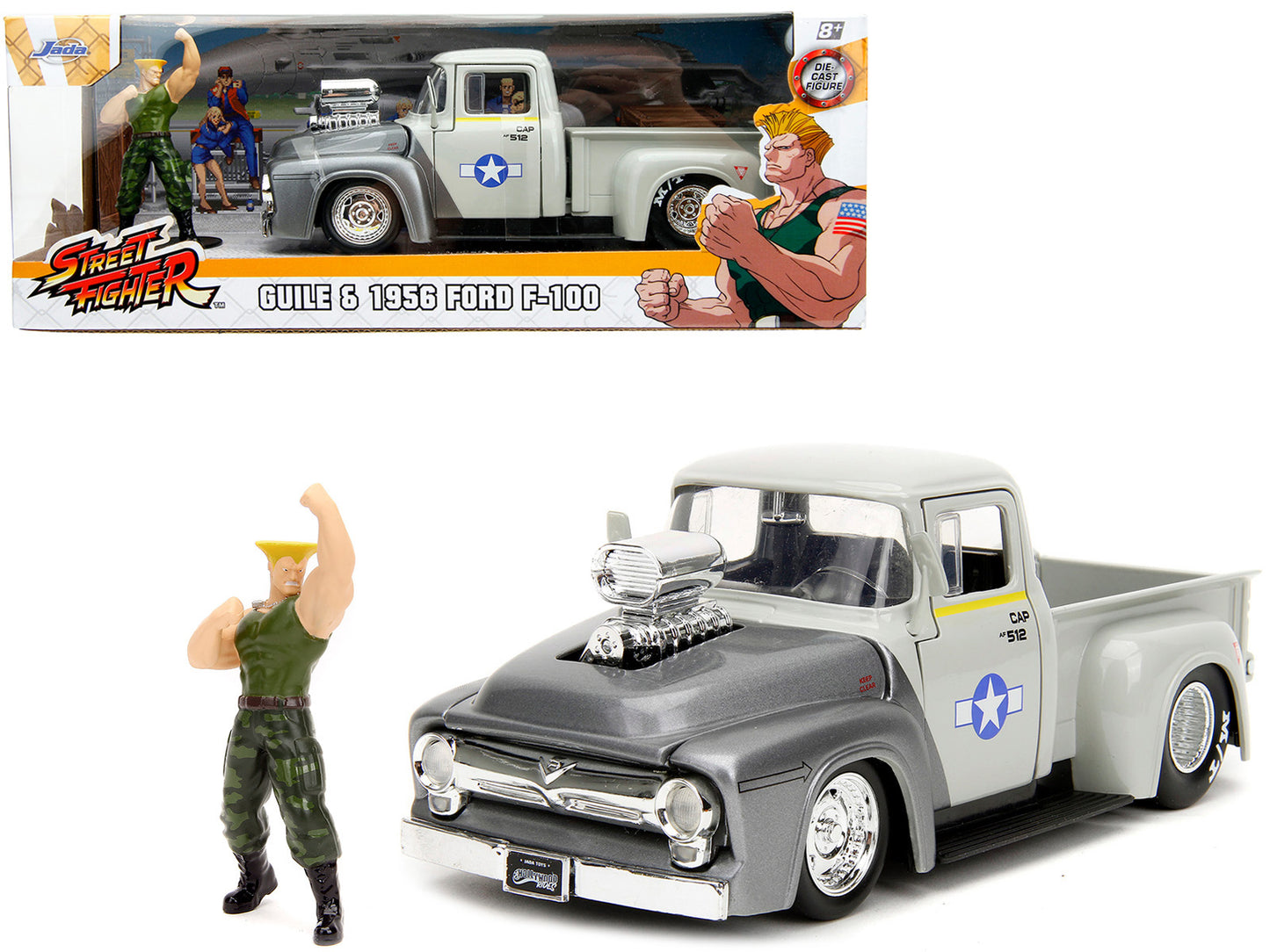 1956 Ford F-100 Pickup Truck Tan and Gray Metallic and Guile Diecast Figure &quot;Street Fighter&quot; Video Game &quot;Anime Hollywood Rides&quot; Series 1/24 Diecast Model Car by Jada
