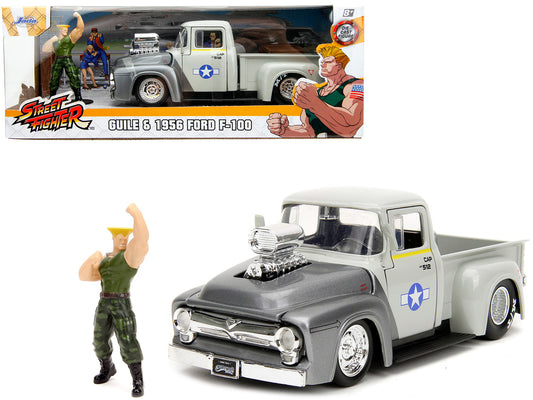 1956 Ford F-100 Pickup Truck Tan and Gray Metallic and Guile Diecast Figure &quot;Street Fighter&quot; Video Game &quot;Anime Hollywood Rides&quot; Series 1/24 Diecast Model Car by Jada