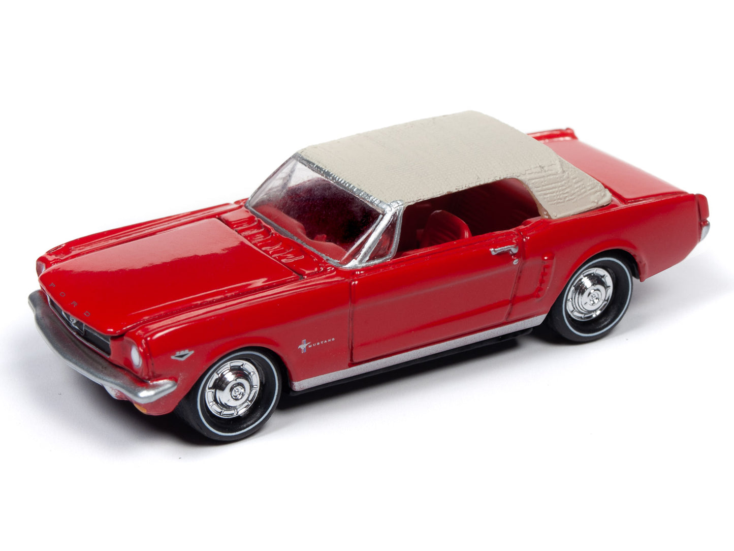 1964 1/2 Ford Mustang Rangoon Red with Red Interior with Collectible Tin Display &quot;Introducing The Ford Mustang&quot; &quot;Greetings from World's Fair 1964-1965&quot; 1/64 Diecast Model Car by Johnny Lightning