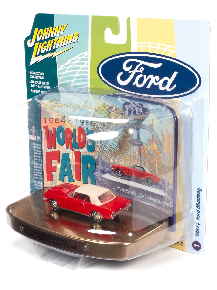 1964 1/2 Ford Mustang Rangoon Red with Red Interior with Collectible Tin Display &quot;Introducing The Ford Mustang&quot; &quot;Greetings from World's Fair 1964-1965&quot; 1/64 Diecast Model Car by Johnny Lightning