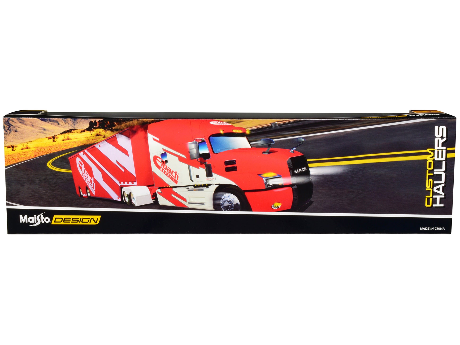 Mack Anthem Enclosed Car Transporter &quot;Eibach&quot; Red with White Graphics &quot;Custom Haulers&quot; Series 1/64 Diecast Model by Maisto