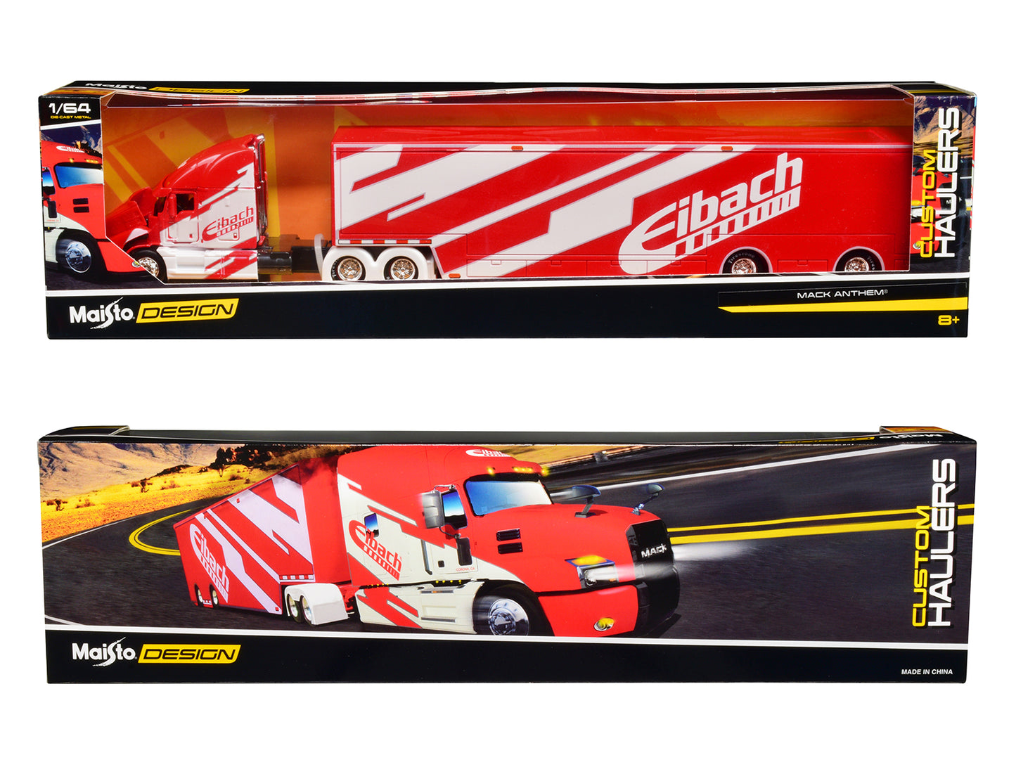 Mack Anthem Enclosed Car Transporter &quot;Eibach&quot; Red with White Graphics &quot;Custom Haulers&quot; Series 1/64 Diecast Model by Maisto