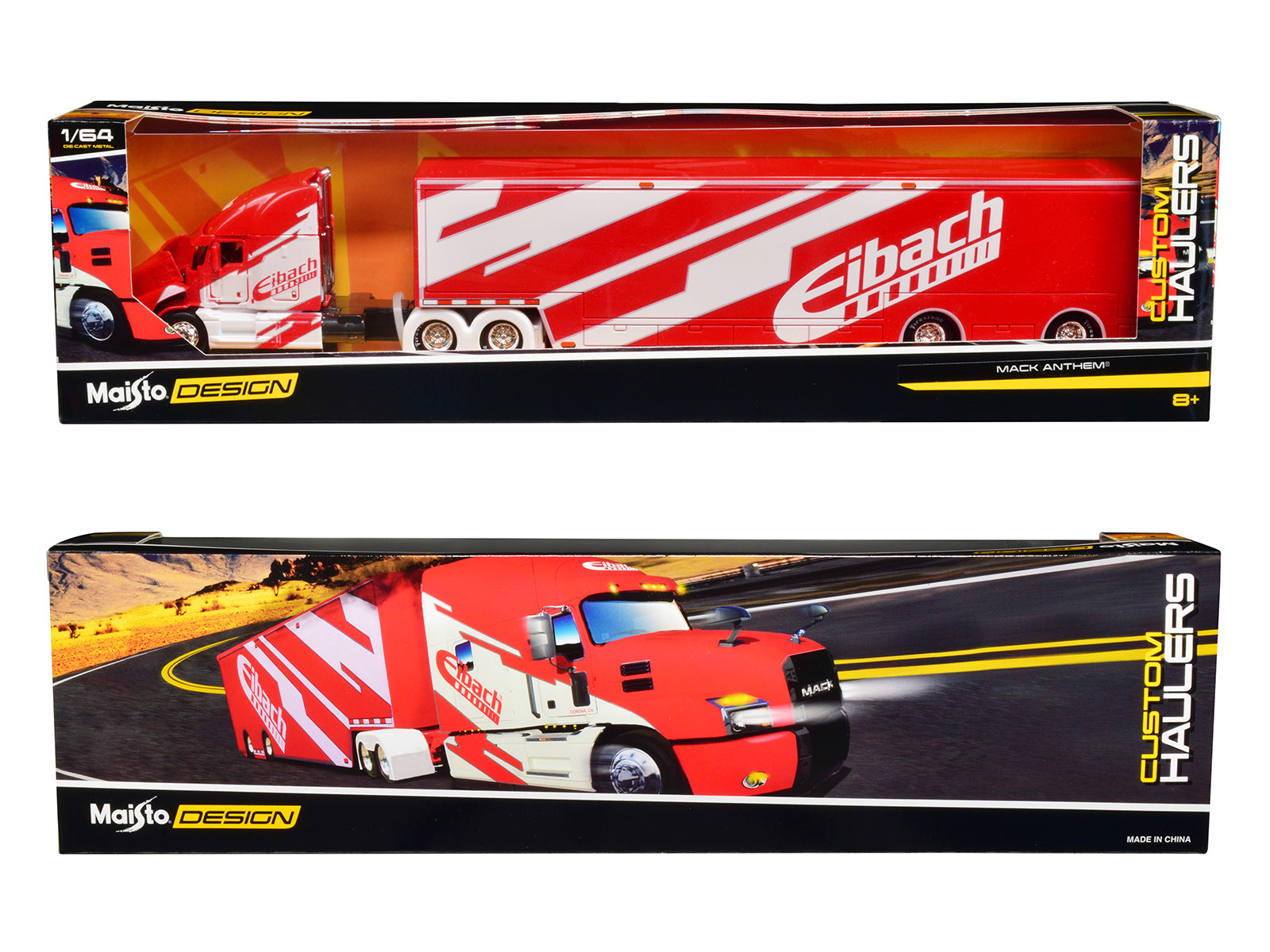 Mack Anthem Enclosed Car Transporter &quot;Eibach&quot; Red with White Graphics &quot;Custom Haulers&quot; Series 1/64 Diecast Model by Maisto