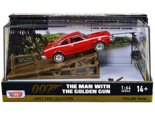 1974 AMC Hornet Red with White Stripes James Bond 007 &quot;The Man with the Golden Gun&quot; (1974) Movie with Display 1/64 Diecast Model Car by Motormax
