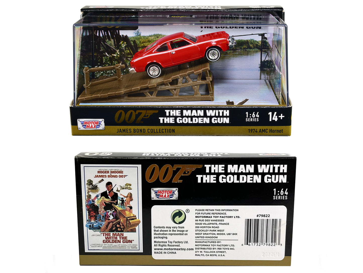 1974 AMC Hornet Red with White Stripes James Bond 007 &quot;The Man with the Golden Gun&quot; (1974) Movie with Display 1/64 Diecast Model Car by Motormax
