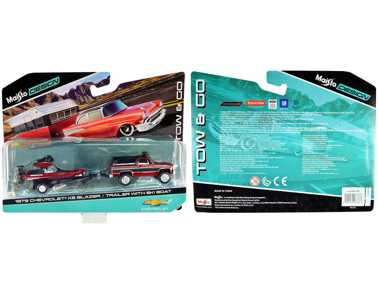 1979 Chevrolet K5 Blazer Red Metallic and Matt Black and Ski Boat Red Metallic and Matt Black with Trailer &quot;Tow & Go&quot; Series 1/64 Diecast Models by Maisto
